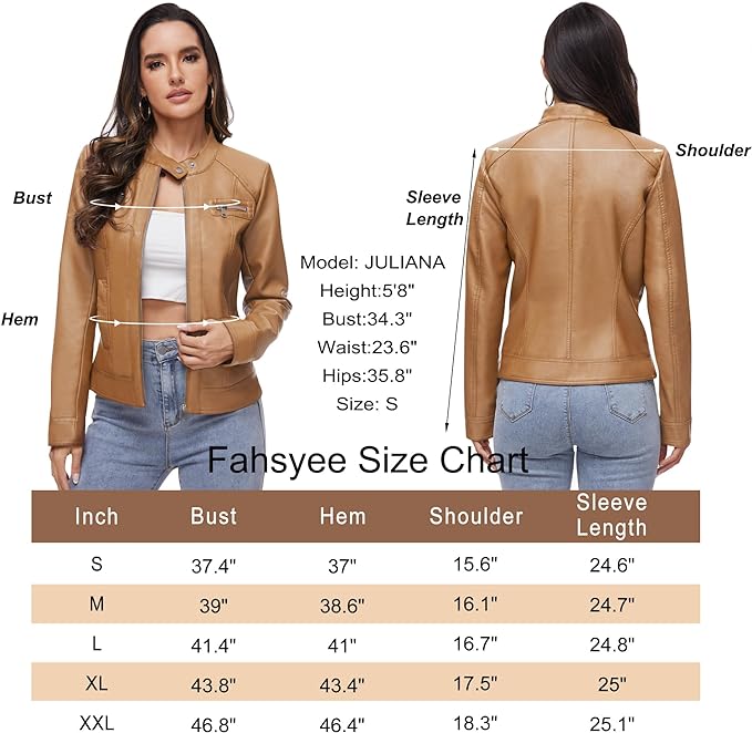 Fahsyee Stand Collar Faux Leather Jackets for Women Zip Up Motorcycle Short PU Moto Biker Outwear Coat Size Chart from Amazon