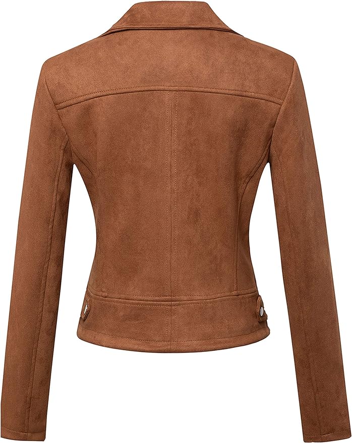 Tanming Women's Faux Leather Moto Biker Short Coat Jacket back side from Amazon